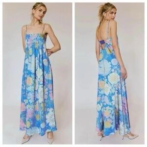 NWT Free People Womens Floral Botanical Pleated Maxi Dress Blue Combo Large